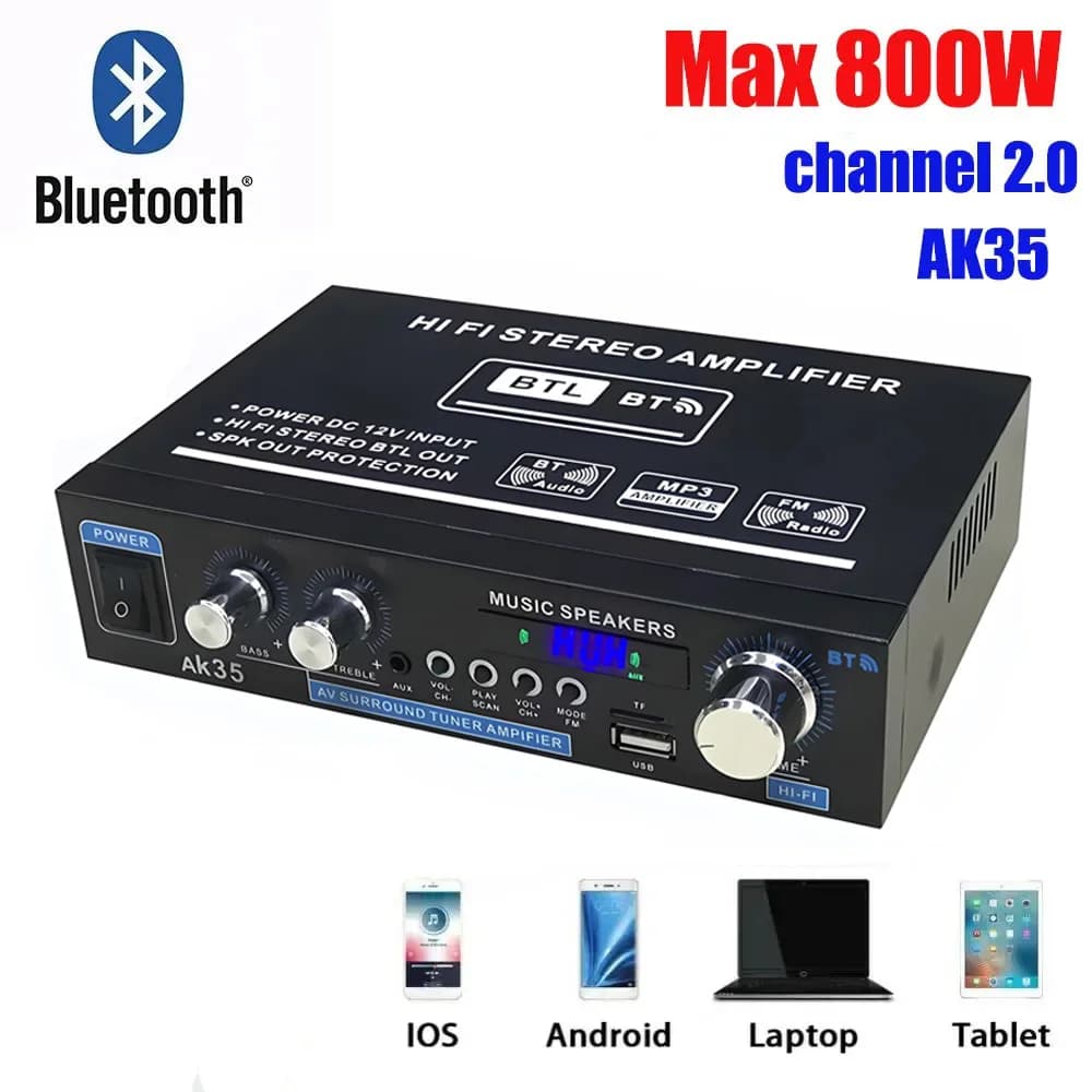 HiFi Digital AK35 Bluetooth Amplifiers MP3 Channel 2.0 Sound AMP Support 110V-240V for Home Car FM USB Remote Control