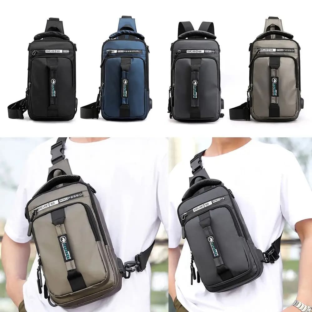 Men's Backpack with Shoulder Strap with USB Rechargeable Chest Bag with Waterproof Zipper Shoulders
