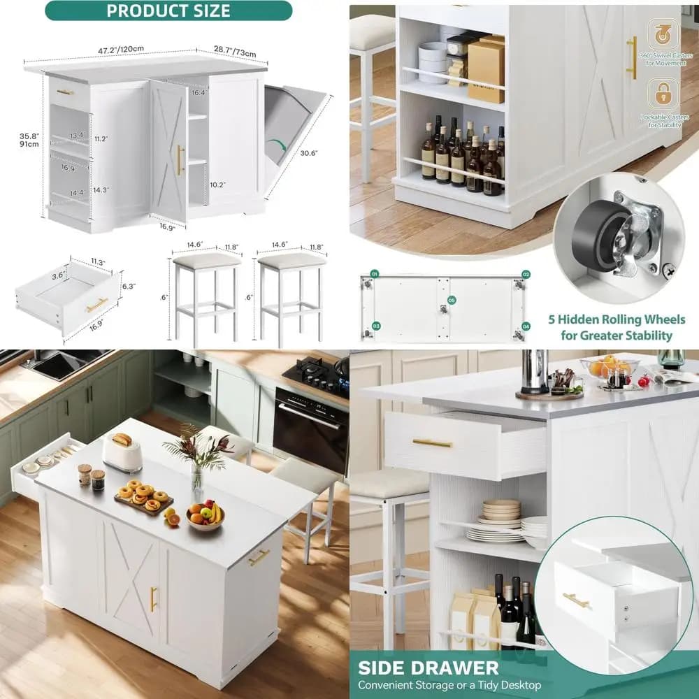 Isola da Cucina Mobile 47 con Seduta, Cestino, Piano Ribaltabile e Top in Acciaio Inox, Set Portaspezie Bianco