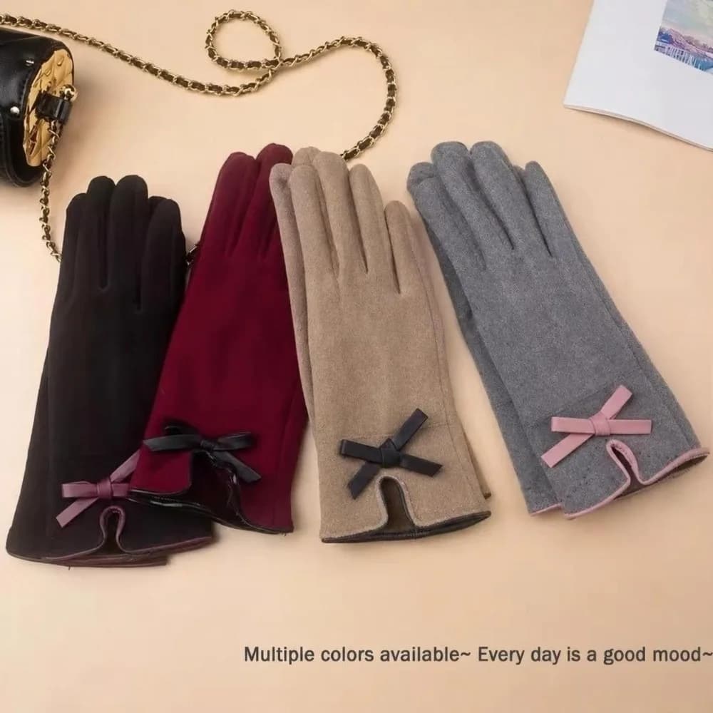 Touch Screen Compatible Winter Driving Gloves Windproof Material Thickened Touch Screen Gloves Elastic Cuff Bow Design