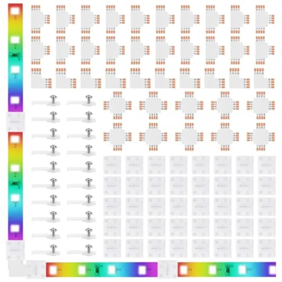 4-Pin 10mm RGB LED Light Strip Connectors, 100 Pieces Solderless and Gapless Adapter Terminal, Incl. Screw Clips, Cuttable T, L