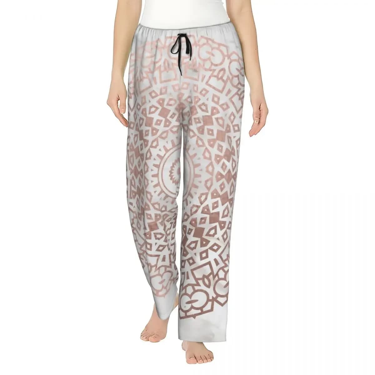 Custom Marble Mandala - Beaded Rose Gold On White Women Pajama Pants Lounge Sleep Sleepwear Bottoms with Pockets