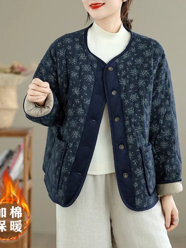 Korean Style Floral Print round Neck down Cotton Jacket Women's Winter plus Size Meat Concealing Mom Trendy Short Coat