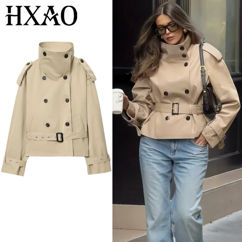 HXAO Crop Kaki Wind Jacket Women's Autumn Fashion Collection to Korean Long Sleeved Trench Double-breasted Headband