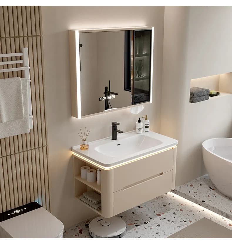 xx-Light Luxury Cream Style Bathroom Vanity Combo with Smart Mirror & Integrated Ceramic Sink, Customizable Colors&