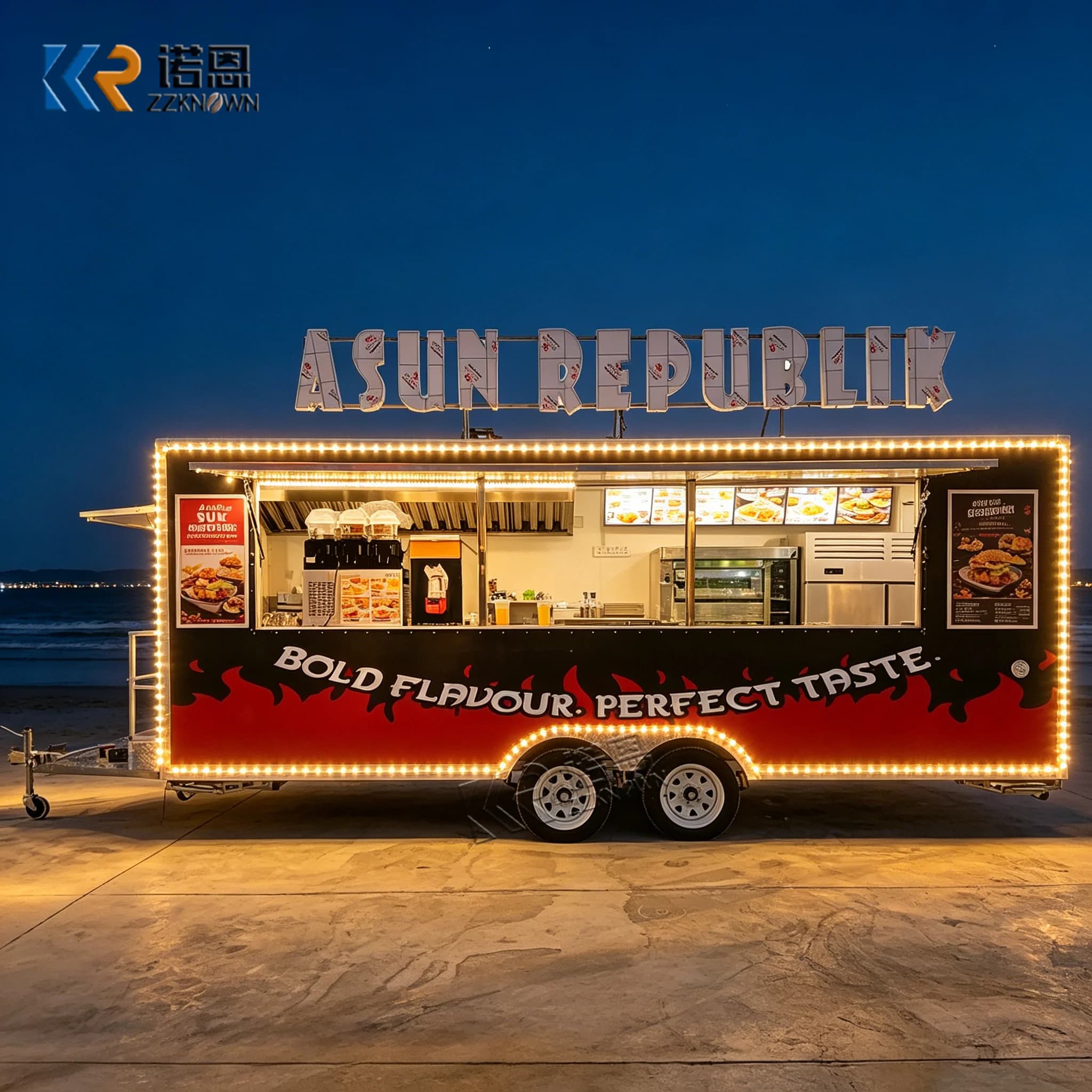 Camion Container Cucina Mobile in Acciaio Inossidabile per Catering ed Eventi con Piattaforma di Servizio