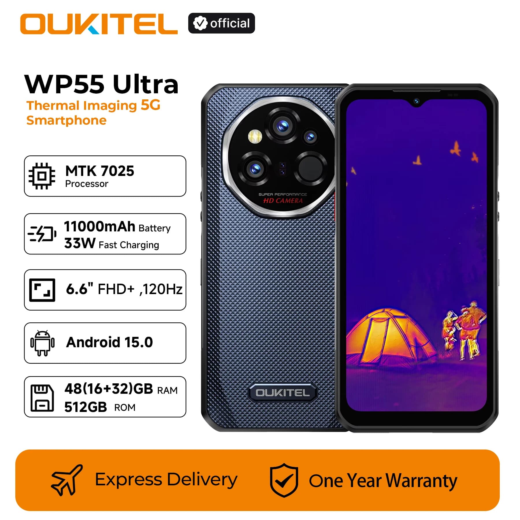 [Estreno mondiale] Telefono ultra robusto OUKITEL WP55 - Imaging termico 5G MTK 7025,11000 mAh,48+512 GB,108 MP 6,6" NFC Android15 Mobile