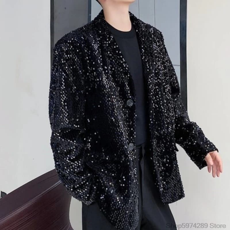 Blazer da uomo con paillettes lucide, giacca primaverile elegante, abito decorato, abbigliamento da palcoscenico scintillante per uomo