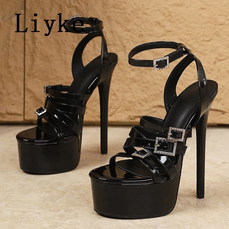 Liyke Model Show Super High Heels Stiletto Women Platform Sandals Fashion Open Toe Crystal Buckle Ladies Wedding Stripper Shoes
