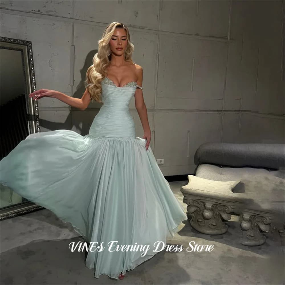 VINES Abiti da ballo verde menta con scollo a cuore, abiti formali con spalle scoperte e chiffon arricciato, abiti da festa per donna personalizzabili
