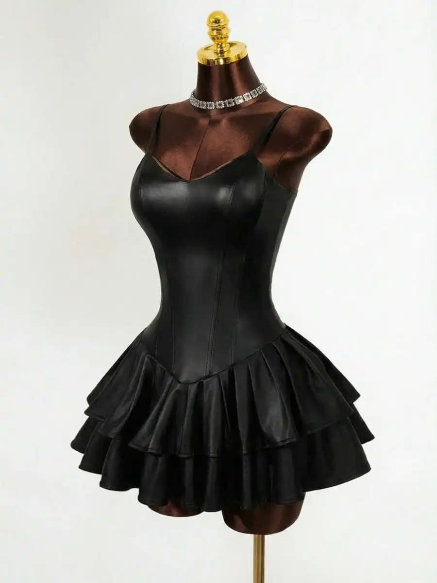 Women's Backless Long Sleeve Bodycon Party Dress Black PU Corset Mini Dress With Asymmetrical Cup And Tiered Ruffle Skirt For Women