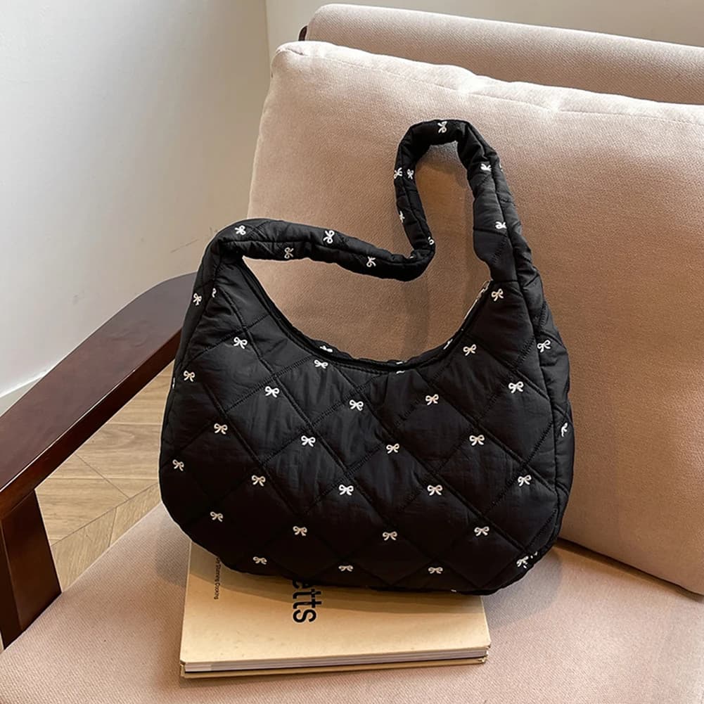 Women Quilted Shoulder Bag Bow Pattern Puffer Tote Handbag Padded Armpit Bag Quilted Padding Tote Bag Female Travel Bag