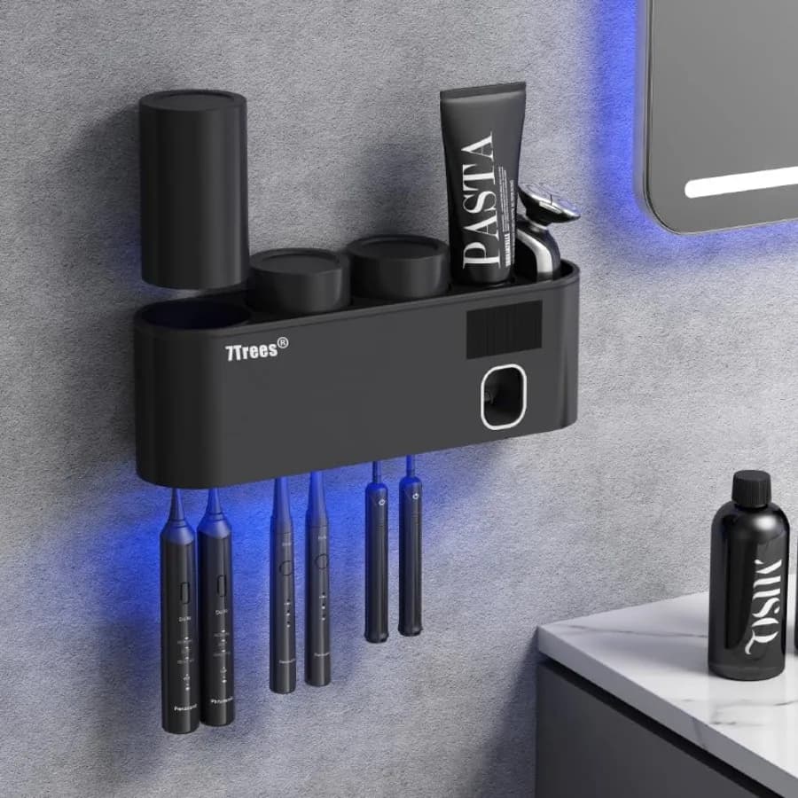 Sterilizzatore per Spazzolini, Portaspazzolini Autoadesivo con 3 Bicchieri, Dispenser Automatico di Dentifricio, Accessori per il Bagno