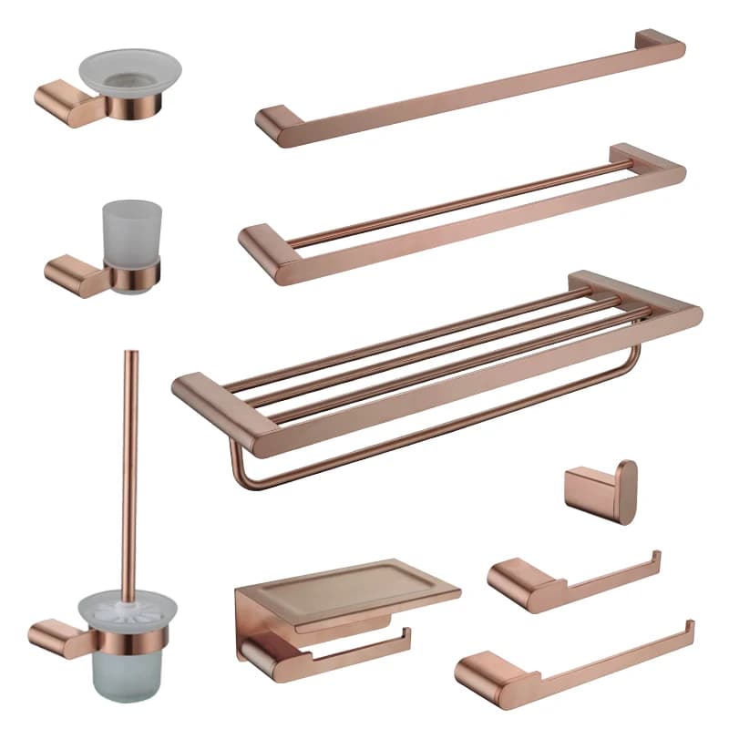 Stainless Steel Bathroom Accessories Set Rose Gold Brushed: Towel rack, Bathrobe hook, Toilet paper holder, soap dish