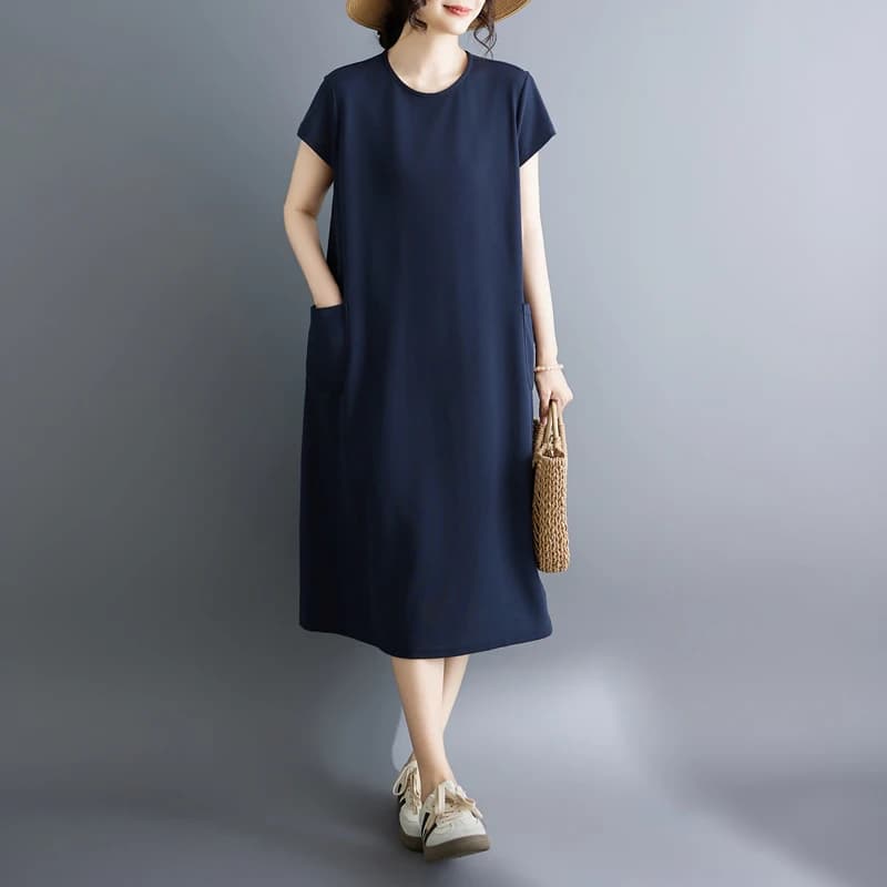 Elegant Mid-Length Summer Dress in Royal Blue with Side Pockets And Fairy Sleeves Women's Knitted Cotton Polyester Blend Dress