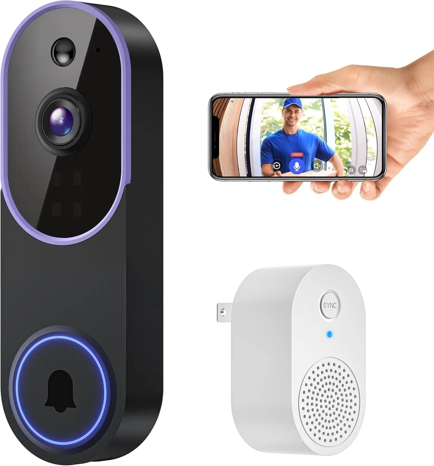 Campanello Video Wireless Intelligente con Rilevamento AI, Visione Notturna, Archiviazione Cloud, Alimentato a Batteria per Uso Interno ed Esterno