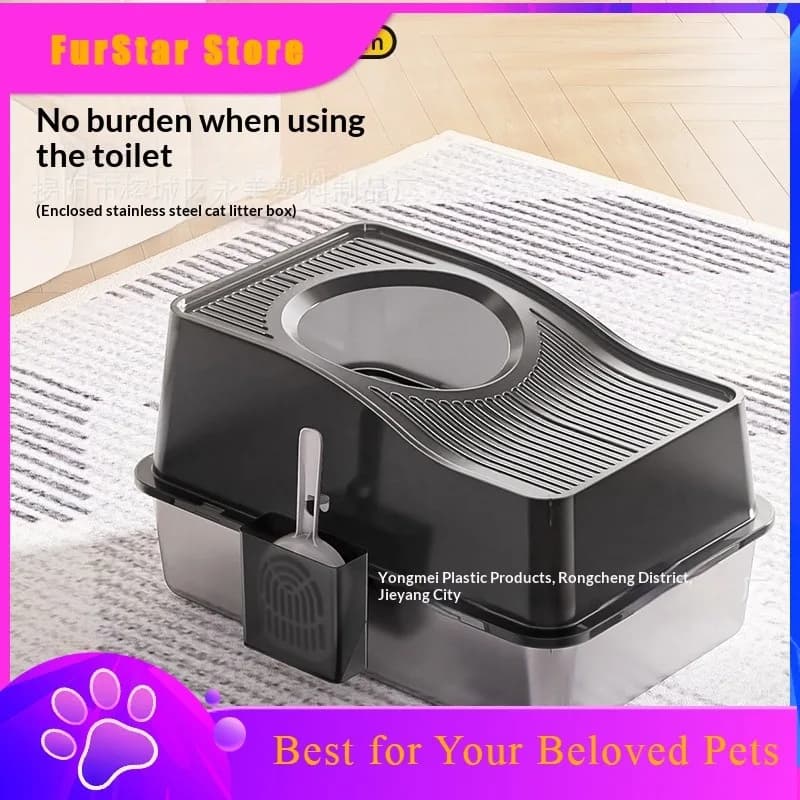FurStarTop Rated XL Fully Enclosed Stainless Steel Top-Entry Cat Litter Box, Anti-Splash Anti-Tracking Odor Control Kitty Toilet