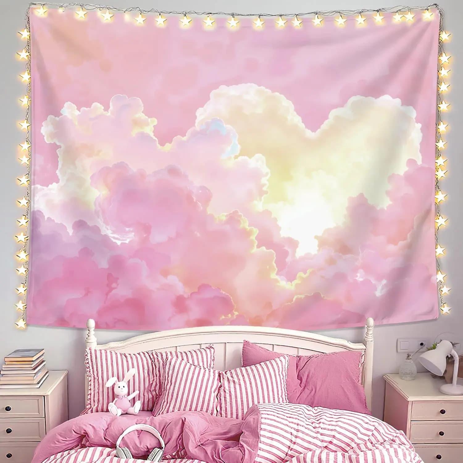 Preppy Pink Cloud Tapestry Wall Hanging, Preppy Room Decor, Pink Clouds Natural Landscape Aesthetic Wall Blanket Decor for Home
