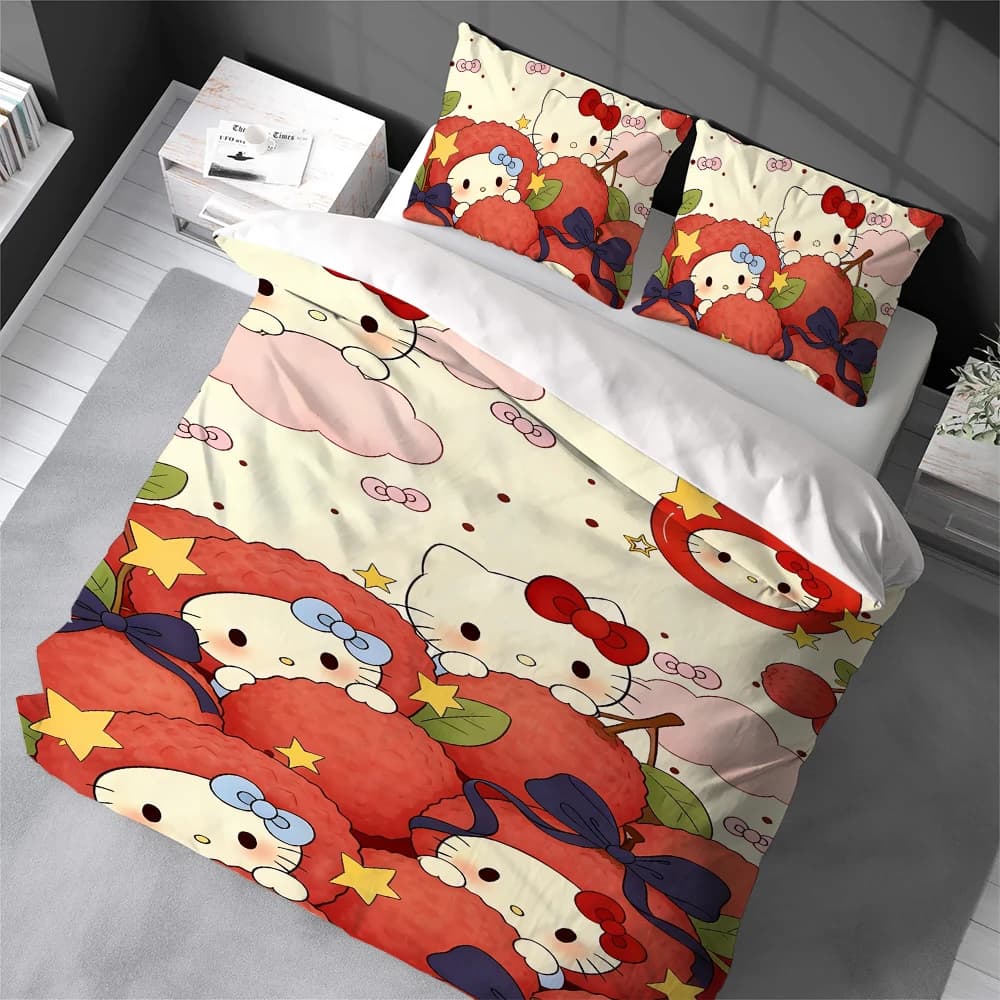 Set Copripiumino Hello K-Kitty, Biancheria da Letto in Cotone Morbido, Set 3 Pezzi per Casa e Dormitorio Studentesco, Regalo