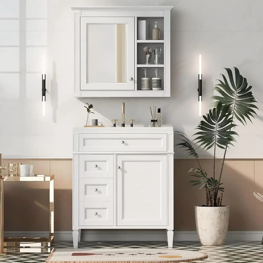 Mobile da Bagno in Legno Massello Bianco da 30 Pollici con Lavabo, Armadietto, Specchio Abbinato e Armadietto Portamedicinali