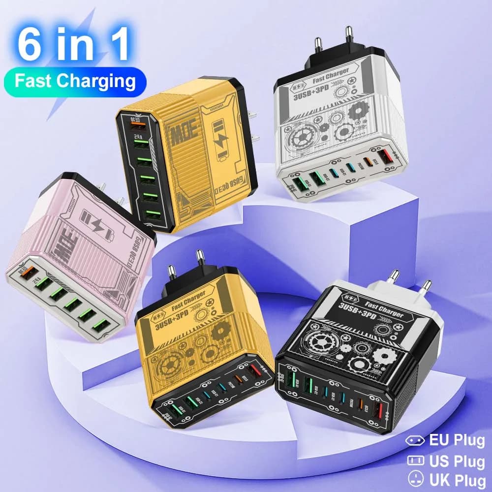 Adattatore da parete per telefono cellulare QC3.0 tipo C a ricarica rapida a 6 porte per iPhone Xiaomi Samsung telefono cellulare spina UE/USA/Regno Unito