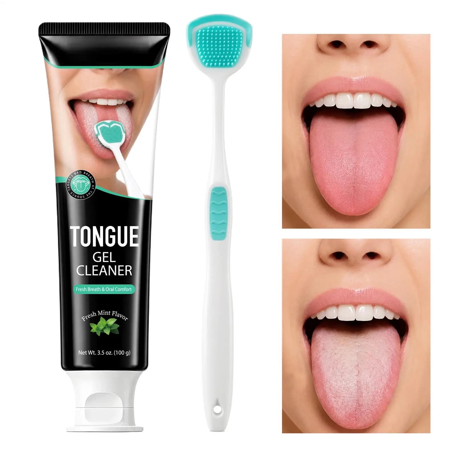 Tongue Coating Gel With 2-Sided Soft Silicone Bristle Brush Cleanses Tongue Coating,Removes Bad Breath Daily Cleaning, care gel