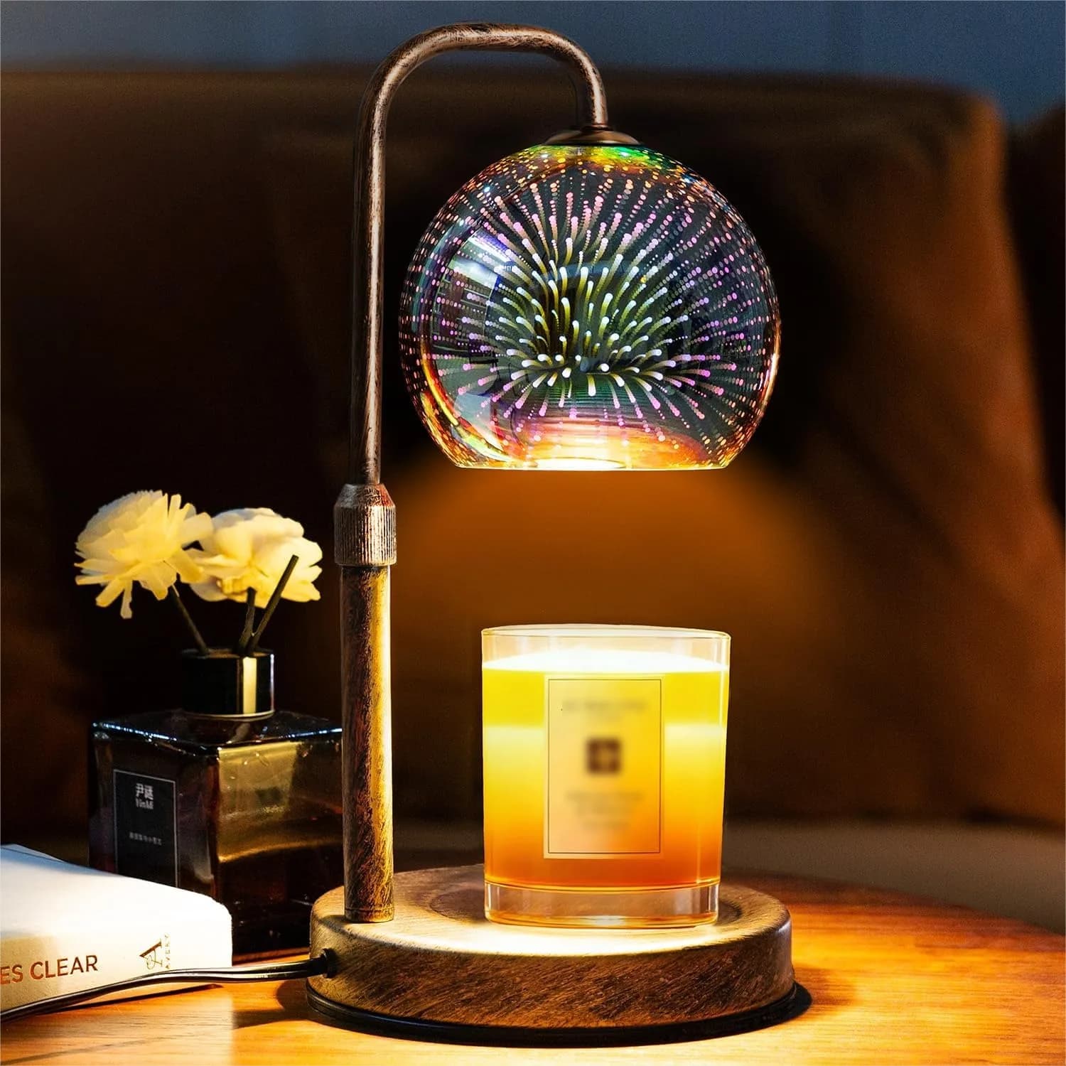 Lampada Scaldacera con Timer, Base Anticata con Globo in Vetro 3D, Scioglitore di Cera Dimmerabile e Regolabile in Altezza per Candele Profumate in Barattolo, 2-8H