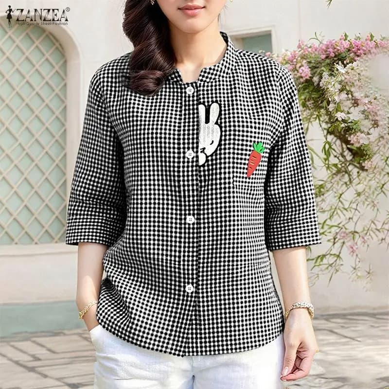 ZANZEA Camicie con maniche a sbuffo da donna Camicetta scozzese alla moda Tasche vintage Stampa Tunica Top 2026 Estate Casual Bottoni larghi OL Blusas