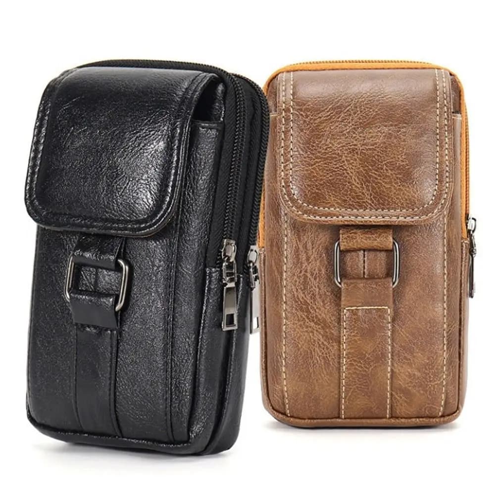 Borsa con tracolla in pelle PU stile vintage impermeabile con gancio in vita Borsa da petto multistrato Marsupio da viaggio per cellulare
