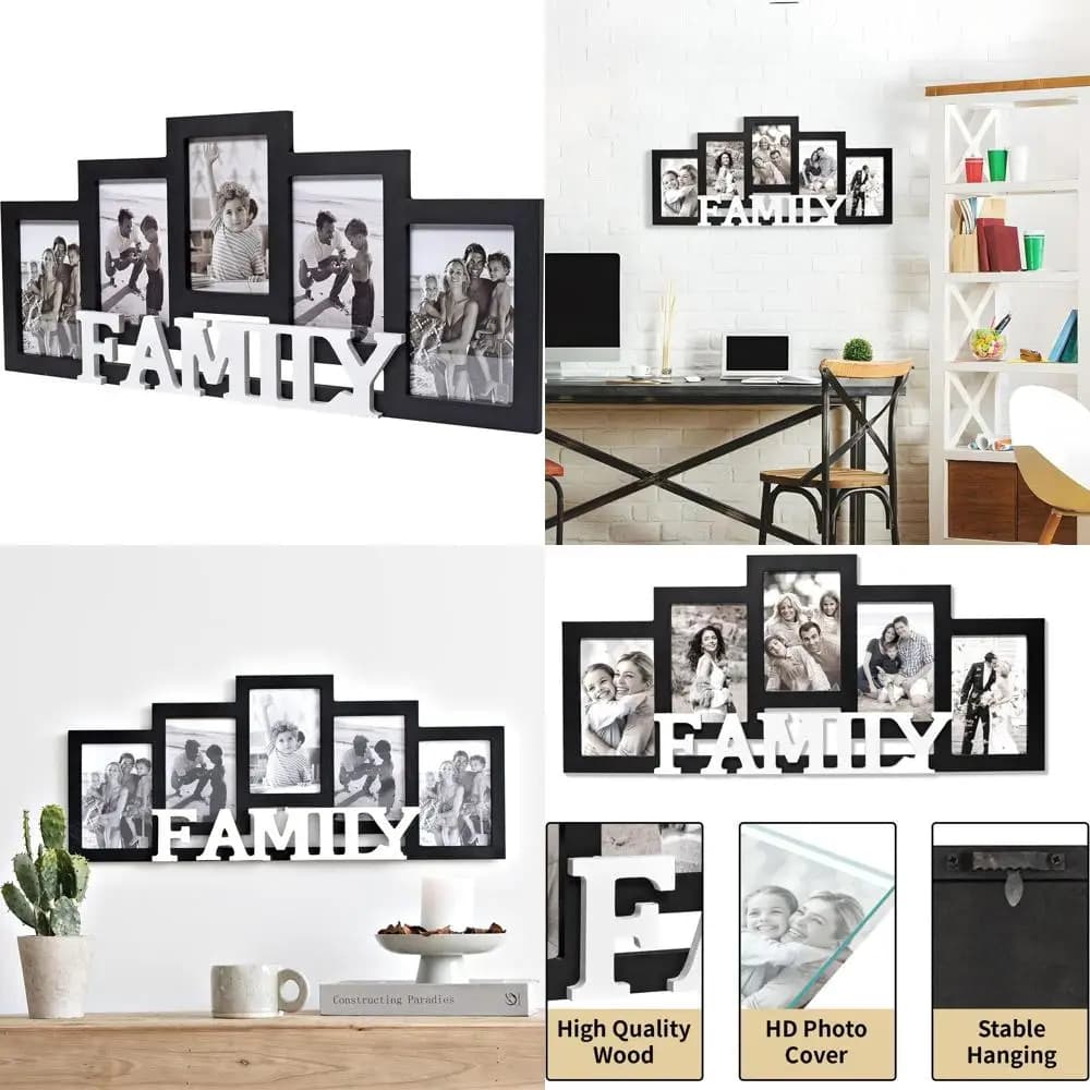 Black Wood Wall Frame for Family Photos, 5 Openings for Photo 4x6