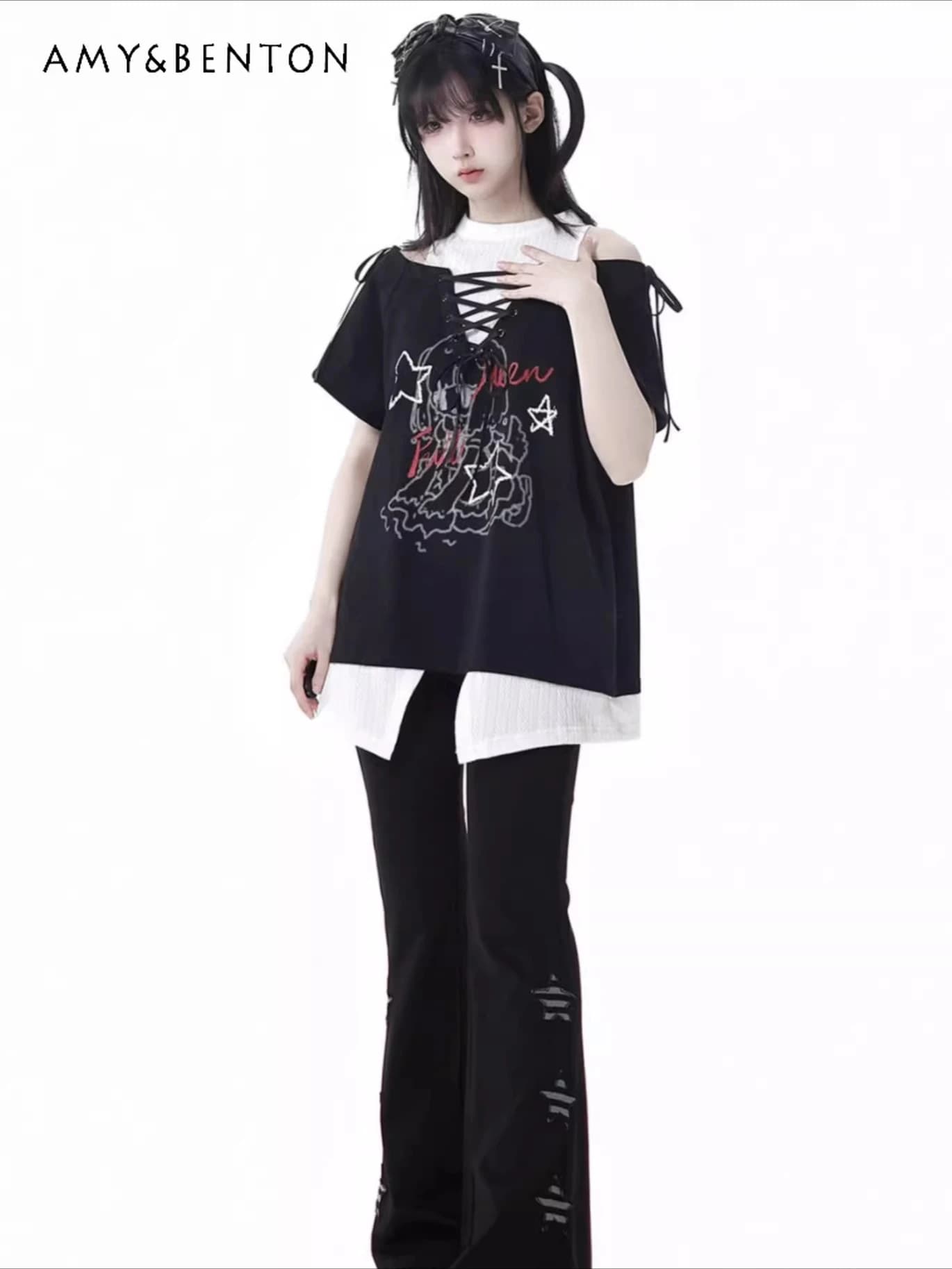 Harajuku Spice Girl Strap Splicing Color Off Spalla T-shirt a maniche corte Elastico in vita Stampa stella Pantaloni svasati Set da due pezzi
