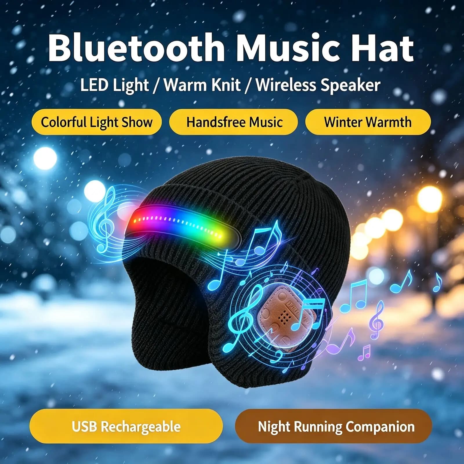 Wireless Bluetooth Music Earphones Knit Hat Stereo Built Speaker RGB Light Rechargeable Warm Winter Cap Outdoor Sports Washable