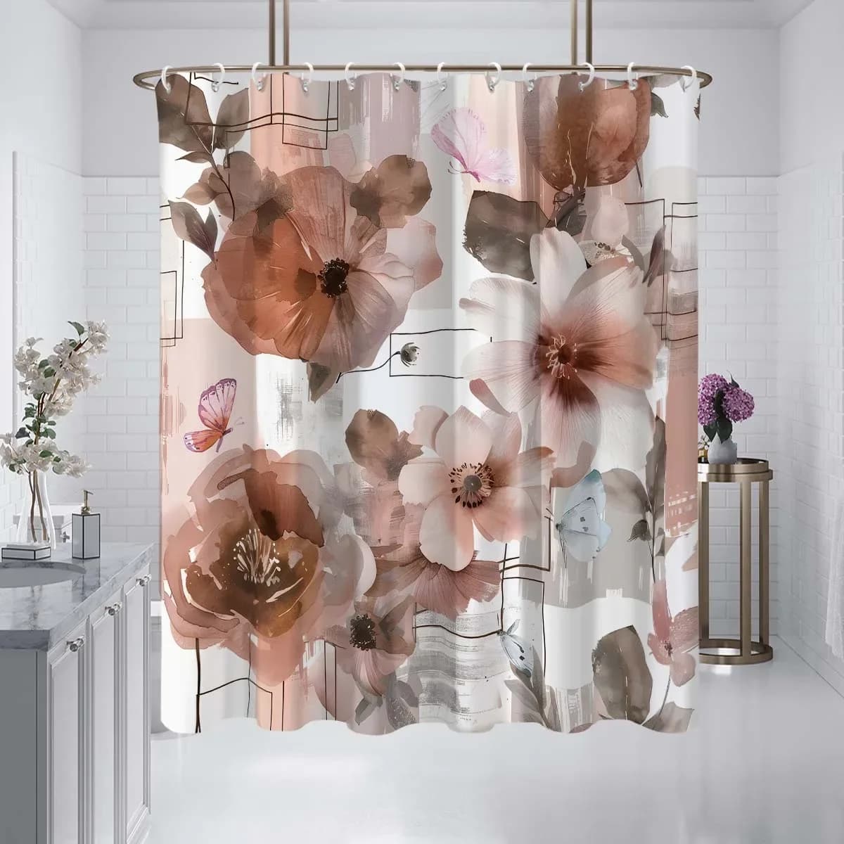 1 pezzo 180x180 cm super naturale motivo floreale a farfalla stampato tenda da doccia divisoria bagno impermeabile