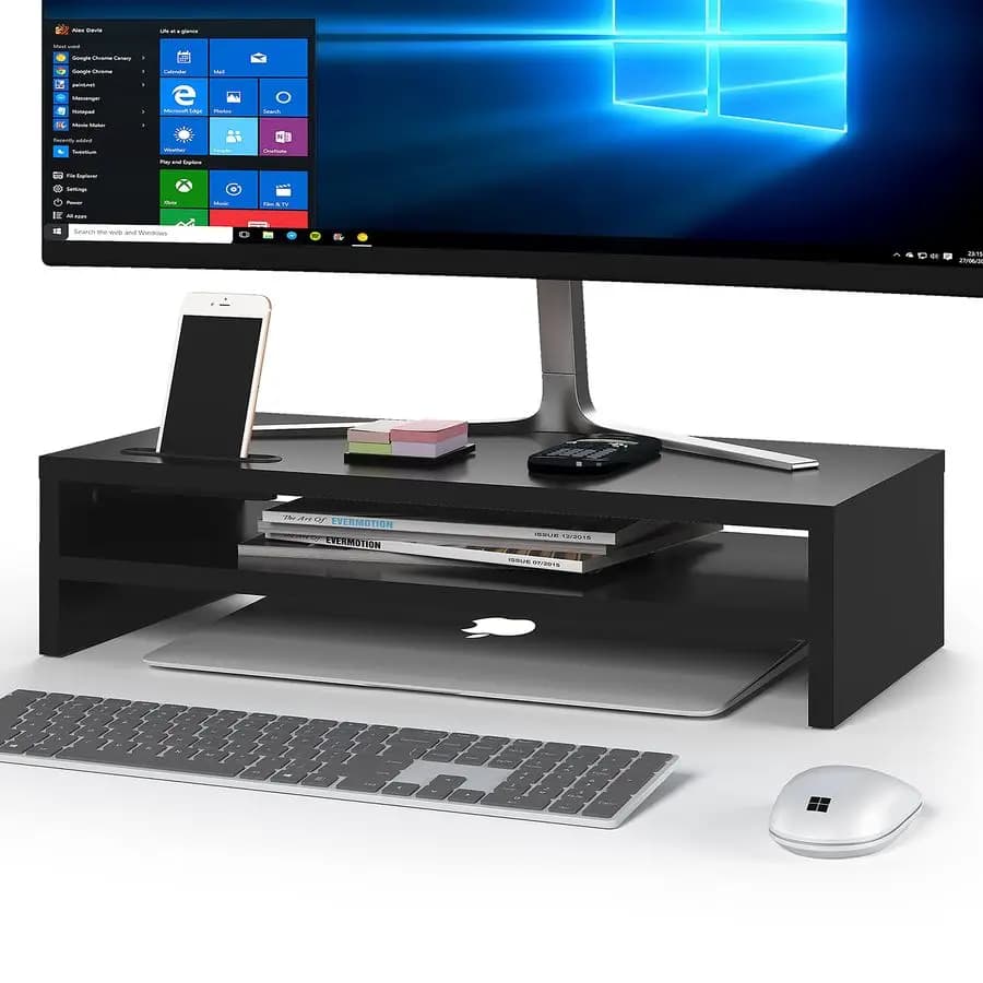 Support for Wood Monitor, Desk Organizer at 2 Levels with Storage compartment, Ergonomic Computer Support, Cable Management, Cellular Door