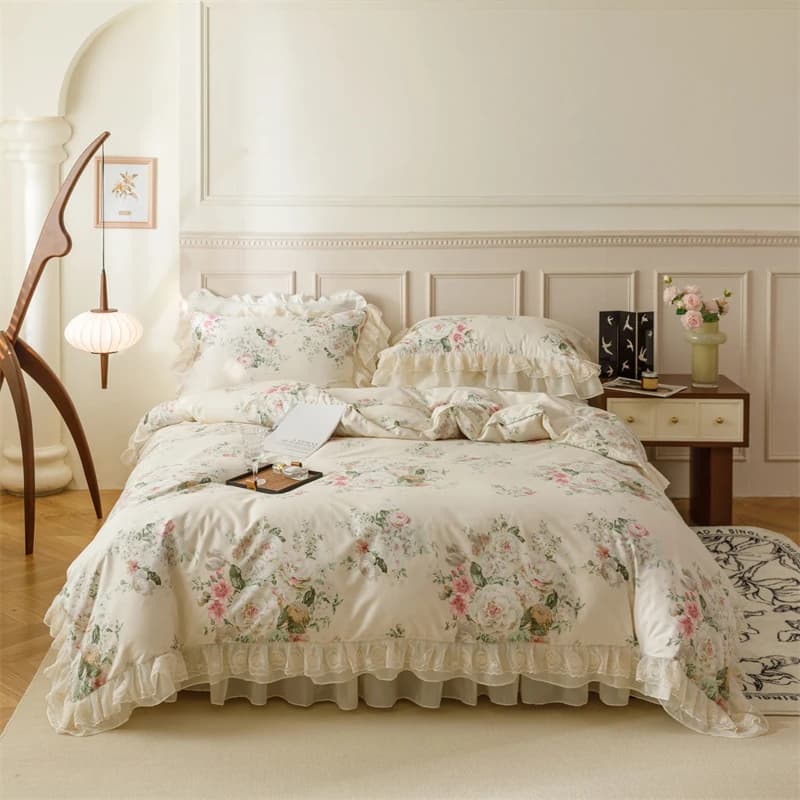 100% cotone vintage francese pastorale paese fiori stampa doppio strato volant in pizzo set biancheria da letto copripiumino gonna letto federa