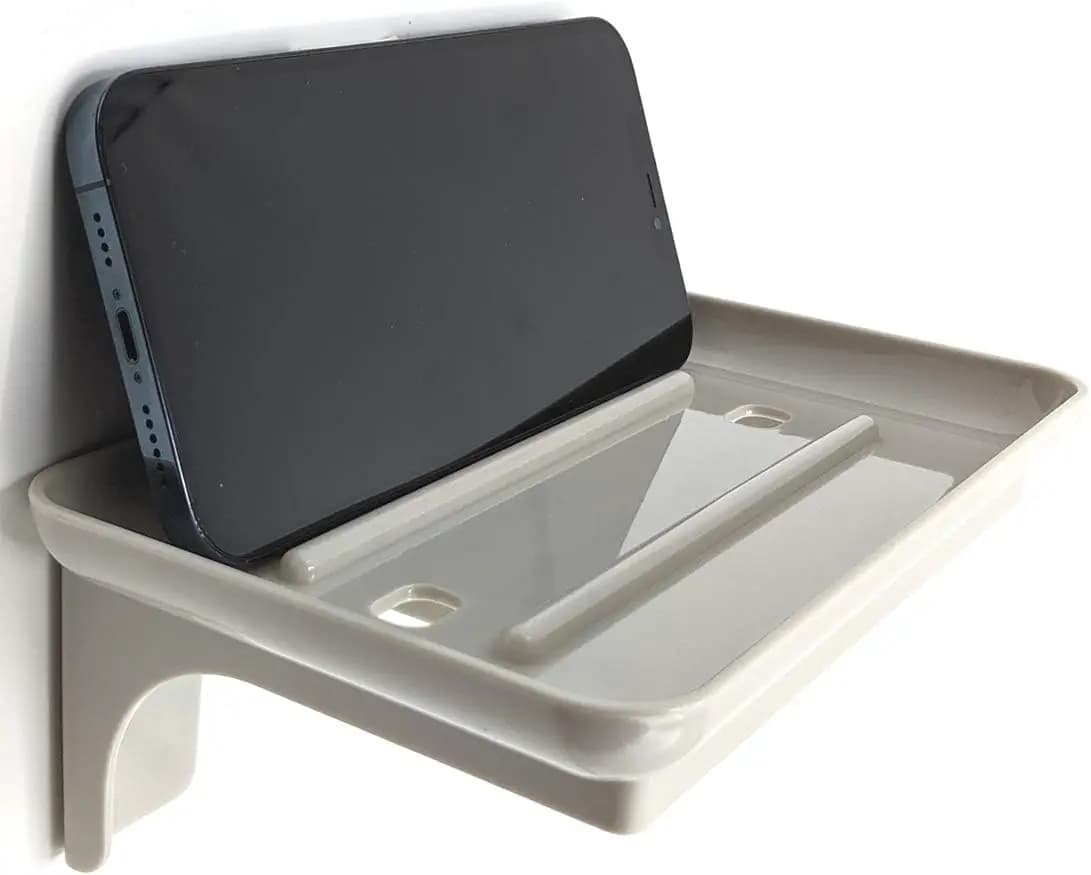 Small Plastic Wall Mount Shelf for Bathroom, Fits Over Toilet Paper Holder, Holds Phone and Wipes, Grey with Holes