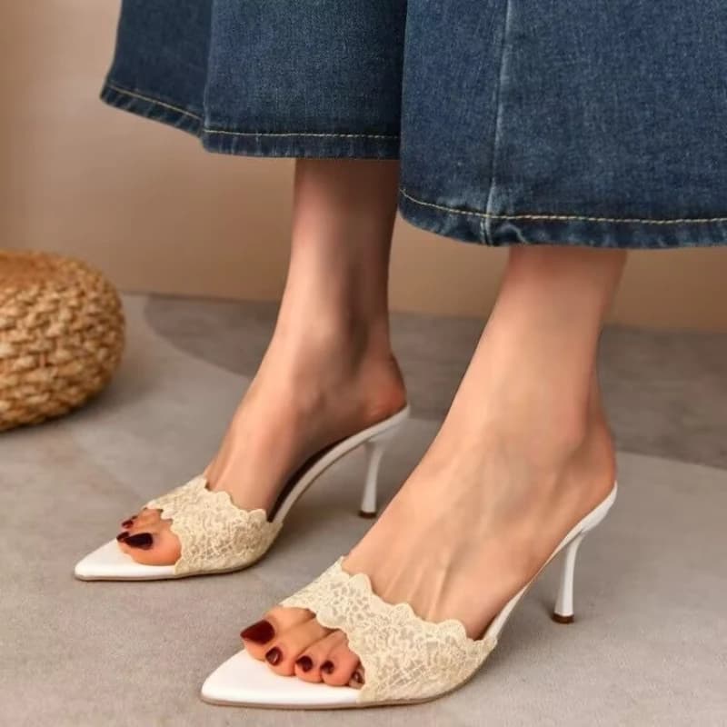 2026 New Slippers Summer Fashion Lace Sandals Plus Size Pointed Toe Temperament High Heel Elegant Classic Retro Women's Shoes