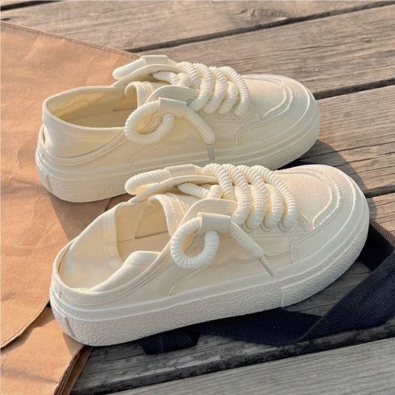 Ciabatte da donna in tela con plateau, stile coreano, casual, con tacco piatto, originali, a doppio uso, con fondo spesso