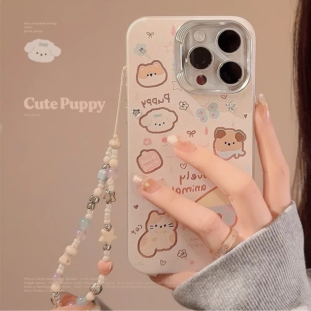 Custodia per telefono con adesivo diamante gattino cucciolo di cartone animato coreano per iPhone 17 16 15 14 12 13 Pro Max con copertura rigida antiurto con cordino
