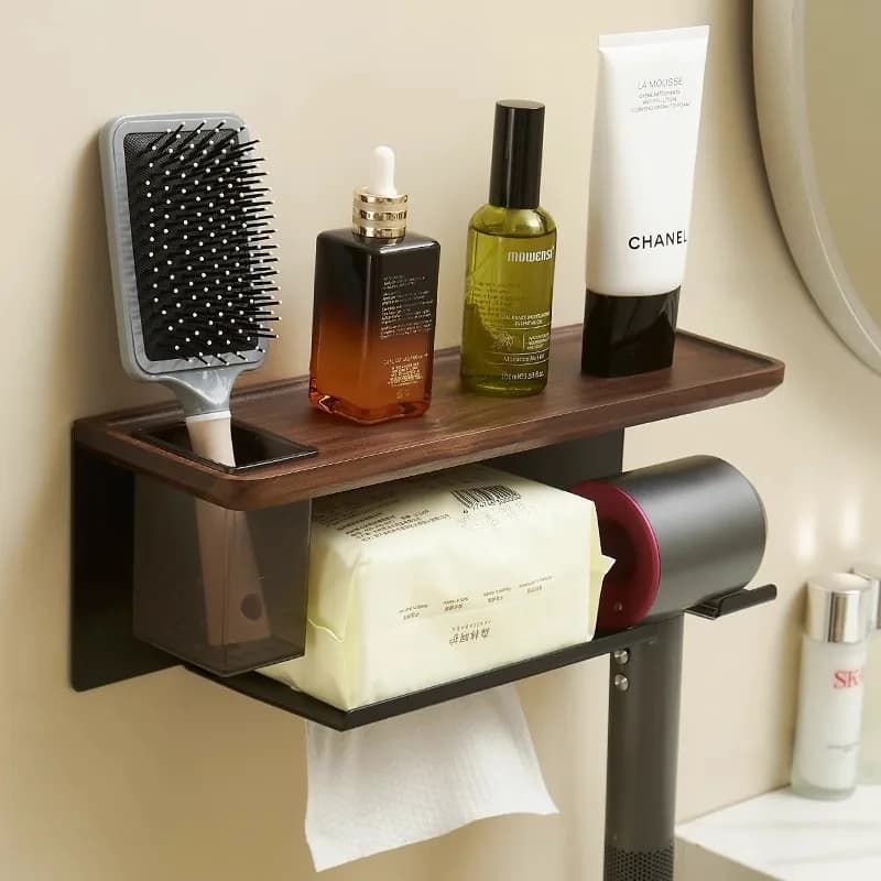 Multi-layered bathroom organizer in Black Walnut, Toilet paper holder, Brush, Towel and Full Hair dryer