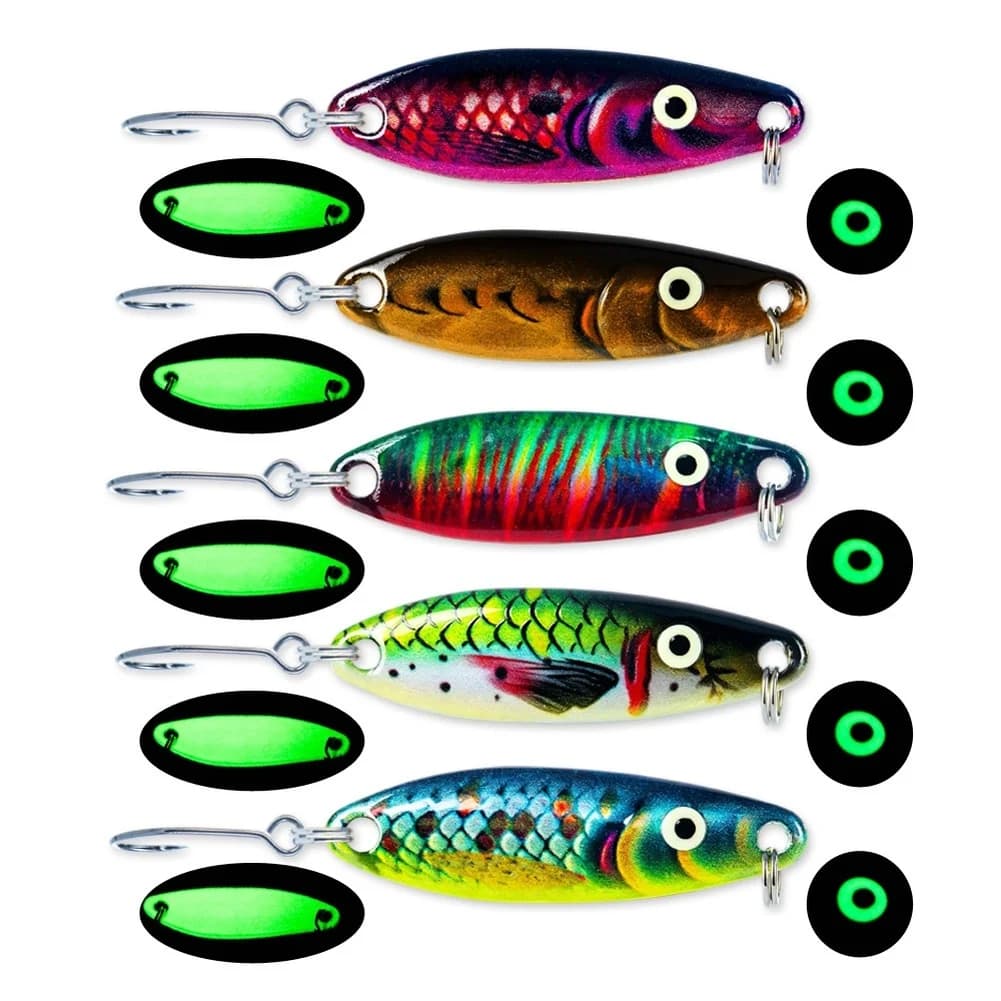 Set di 5 Esche Artificiali per Pesca, Colori Assortiti, Esca Curva in Metallo 3D Luminosa per Trota