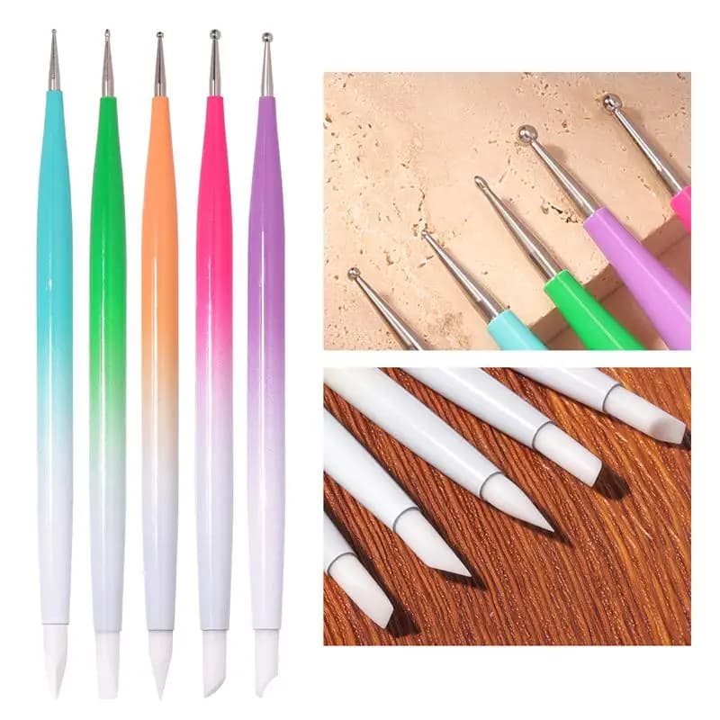 Set di Pennelli per Unghie con Testa in Silicone, 5 Pezzi, Strumento Professionale per Intaglio, Kit per Disegno e Design Unghie Fai-da-Te