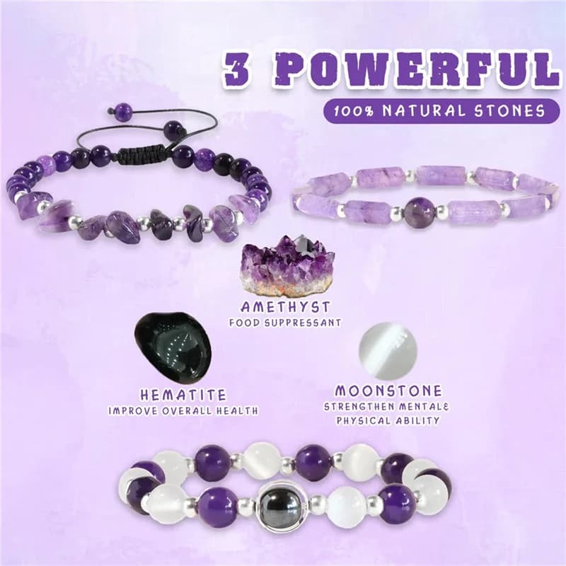 Bracciale con ametista purificante per il corpo da 3 pezzi/set per dimagrire, yoga e meditazione - Gioielli in pietra curativa per donne e uomini