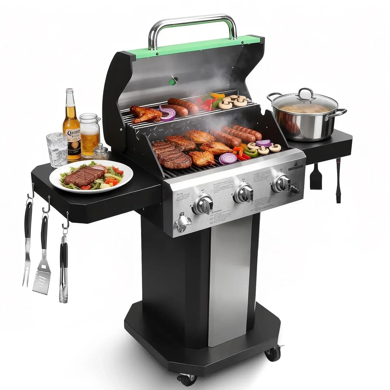 Gas Grill Propano a 3 Bruciatori 30000 BTU con Griglie in Ghisa, Grid Stainless Steel Heater, Thermometer, Lateral shelves, Tray Collector's, Green, Customizable