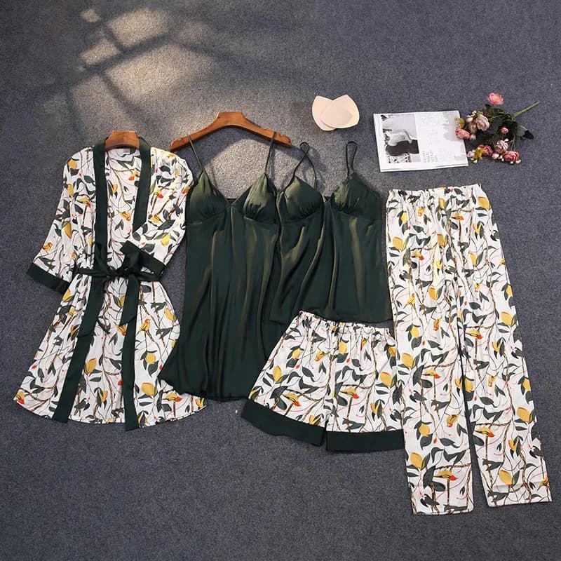 Set Pigiama 5 Pieces with Print, Kimono vigil in Pizzo, Spring Night Dress and Summer in Setoso Satin, Complete Women's Pigiama, 4o Lingerie