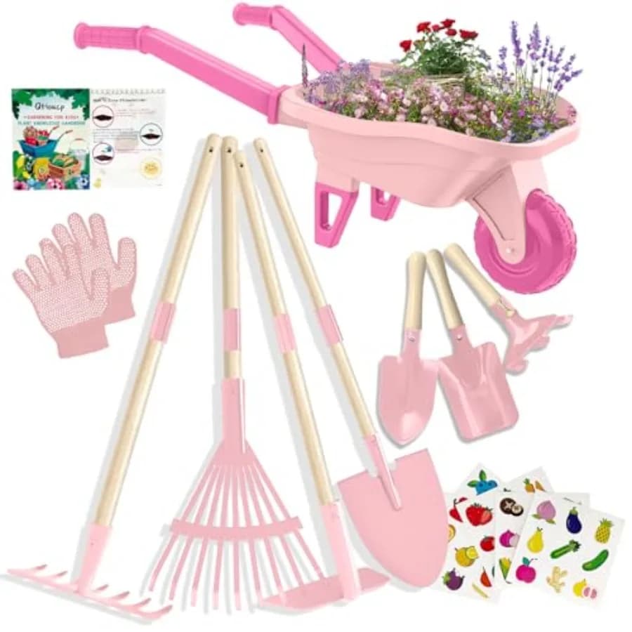 Set da Giardinaggio con Carriola, Attrezzi da Giardino in Vero Metallo per Bambini dai 3 agli 8 Anni, 4 Attrezzi con Manico Lungo, 3 Attrezzi Manuali, Guanti, 5 Adesivi