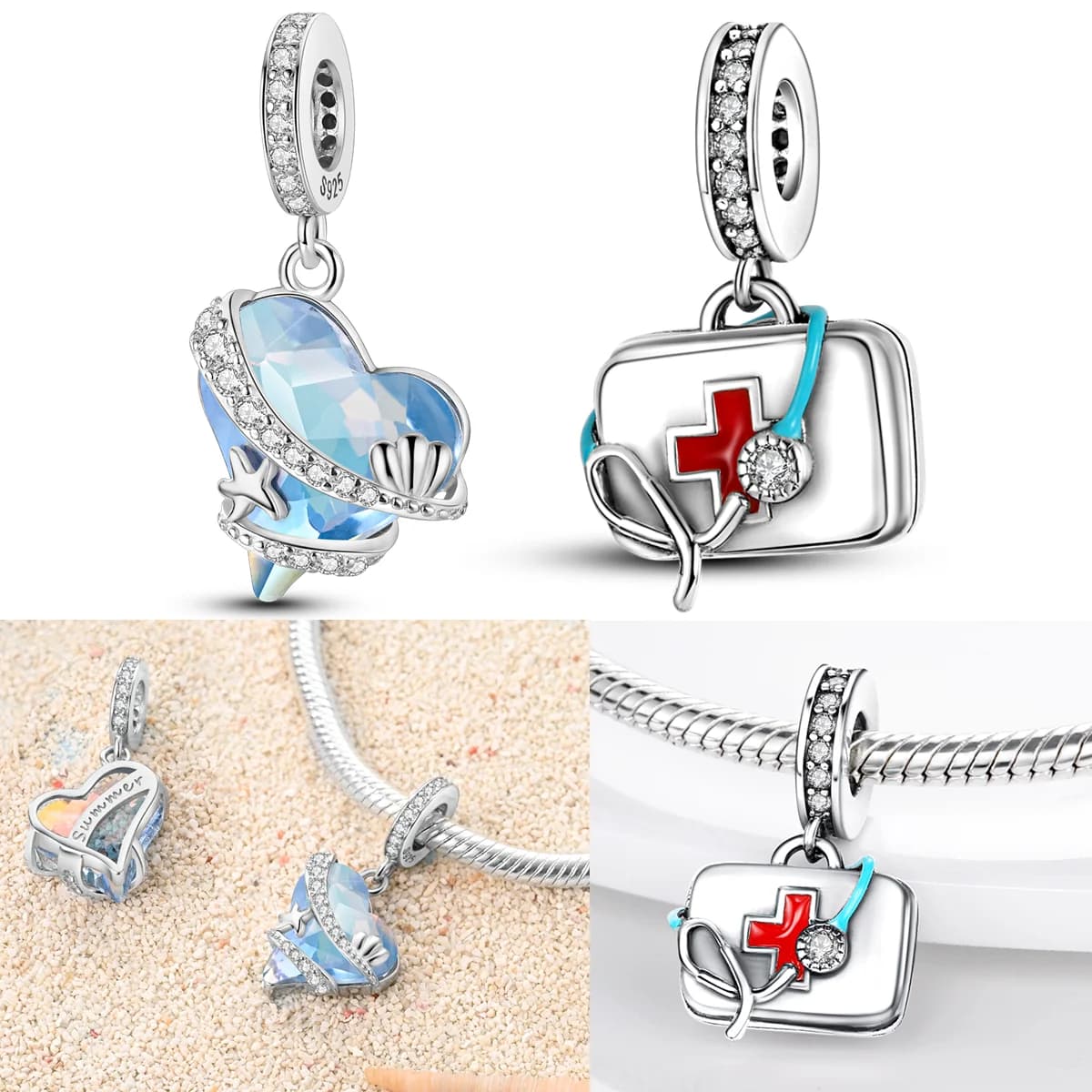 Kit di pronto soccorso in argento sterling 925 con ciondoli per perline, pietre preziose blu mare, conchiglia, stelle marine, pendenti adatti per braccialetti originali, gioielli fai da te