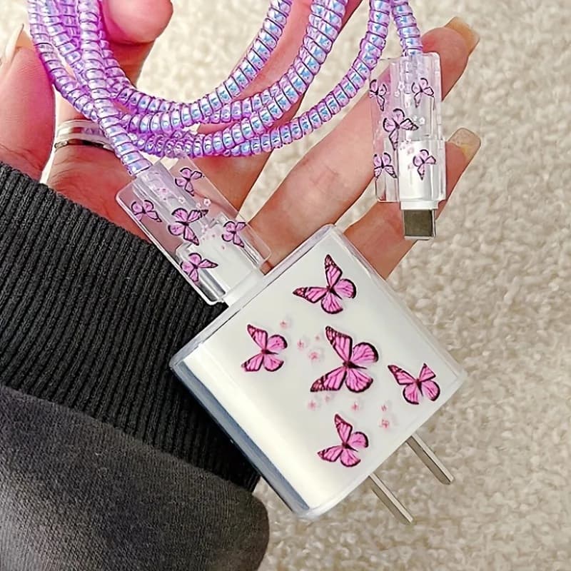Purple Butterfly Adapter Protection Case For iphone 18/20W Fast Charger Protect Cover Data Line Winder Spiral Protective Sleeve