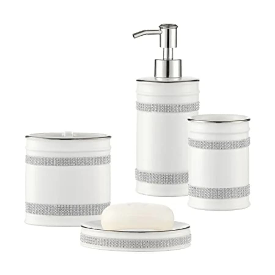 Set di Accessori per il Bagno 4 Pezzi in Ceramica con Dispenser per Lozione, Pompa per Sapone, Bicchiere, Portasapone, Portaspazzolino con Strass Bianco