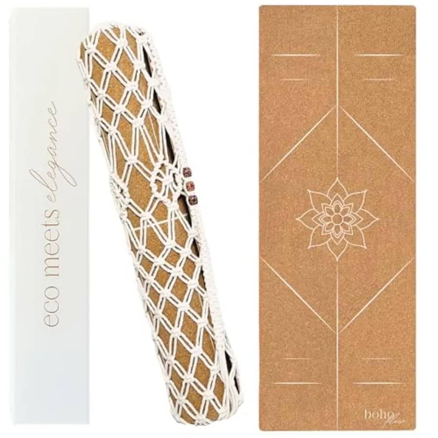 Premium Cork Yoga Mat for Hot Yoga Natural Rubber, 5mm Thick, Non-slip Grip, Non-toxic Odor-free, Stylish Alignment Lines, Eleg